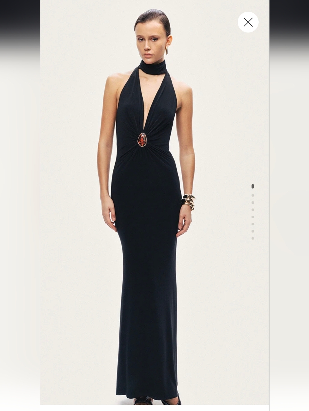 One-Shoulder Black Halter Gown with Center Accent
